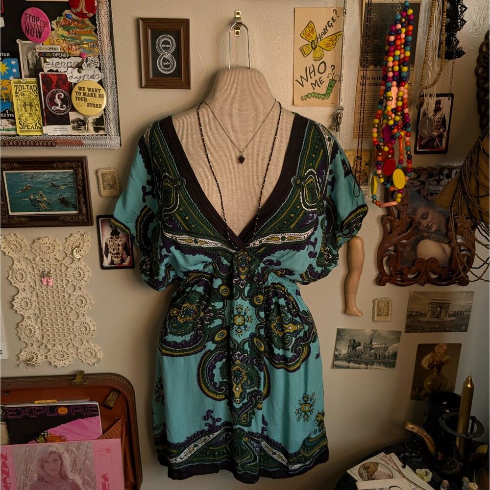 Vintage Paisley V-Neck Babydoll Blouse Women's Large Blue